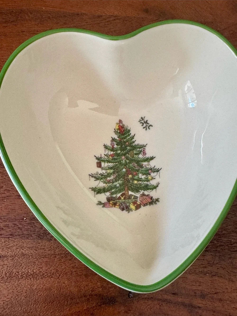Spode Christmas Tree Heart Shaped Trinket Dish Dip Bowl S3324 England Green Rim
